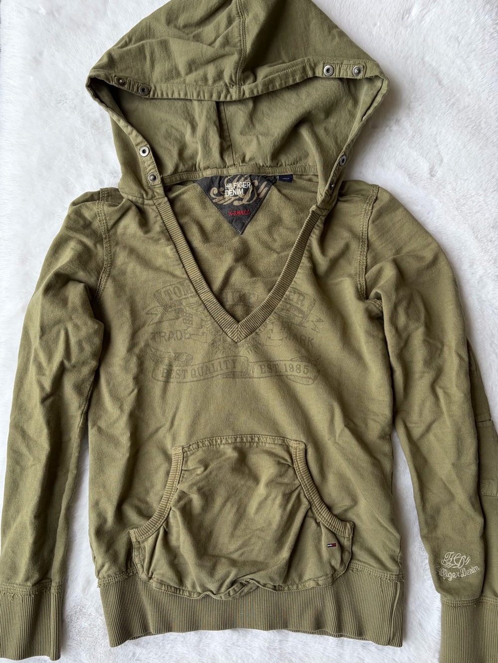 Vintage Y2K Tommy Hilfiger Olive Green Deep V Neck Grunge Streetwear Hoodie